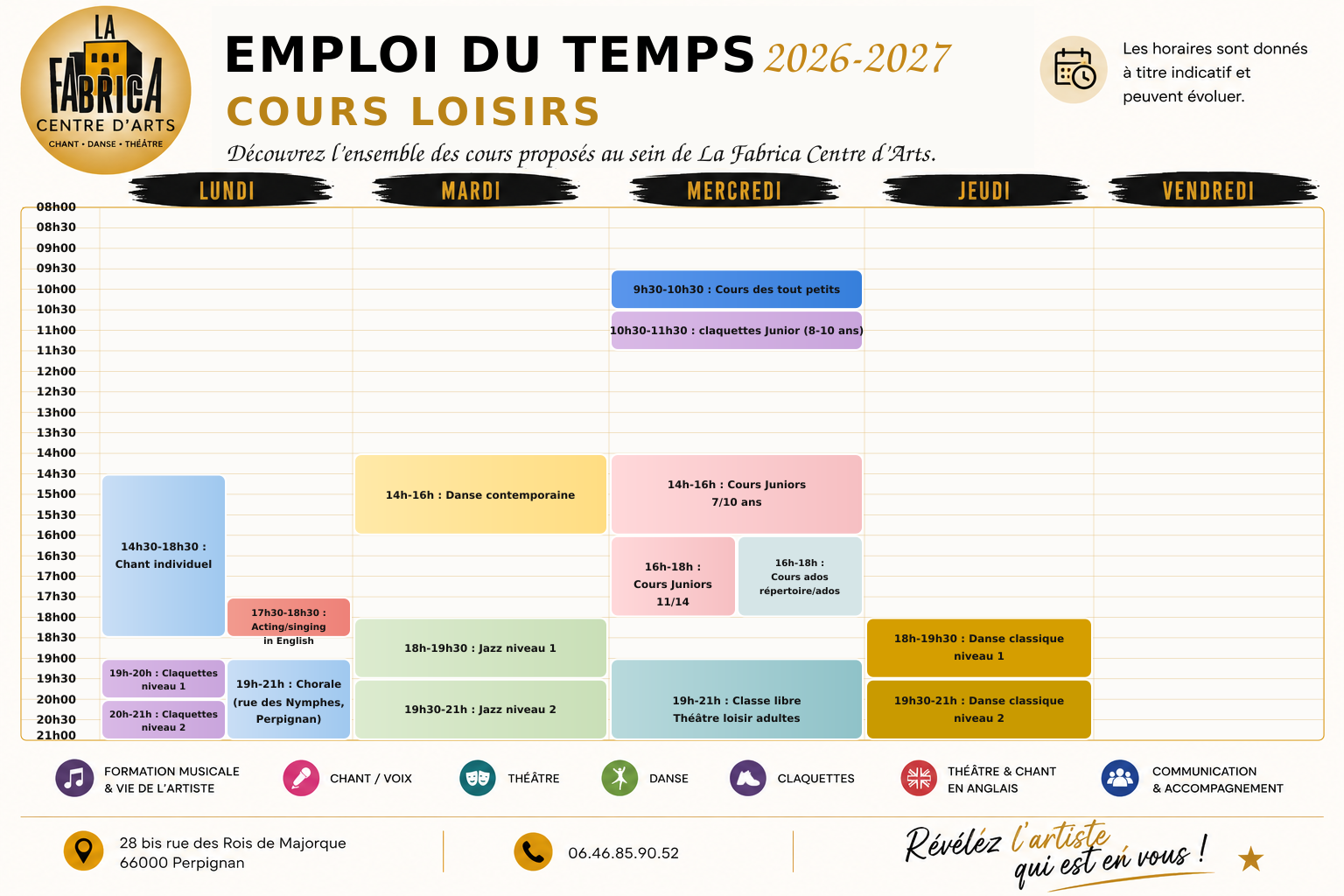 emploi du temps cours loisirs 2026 2027